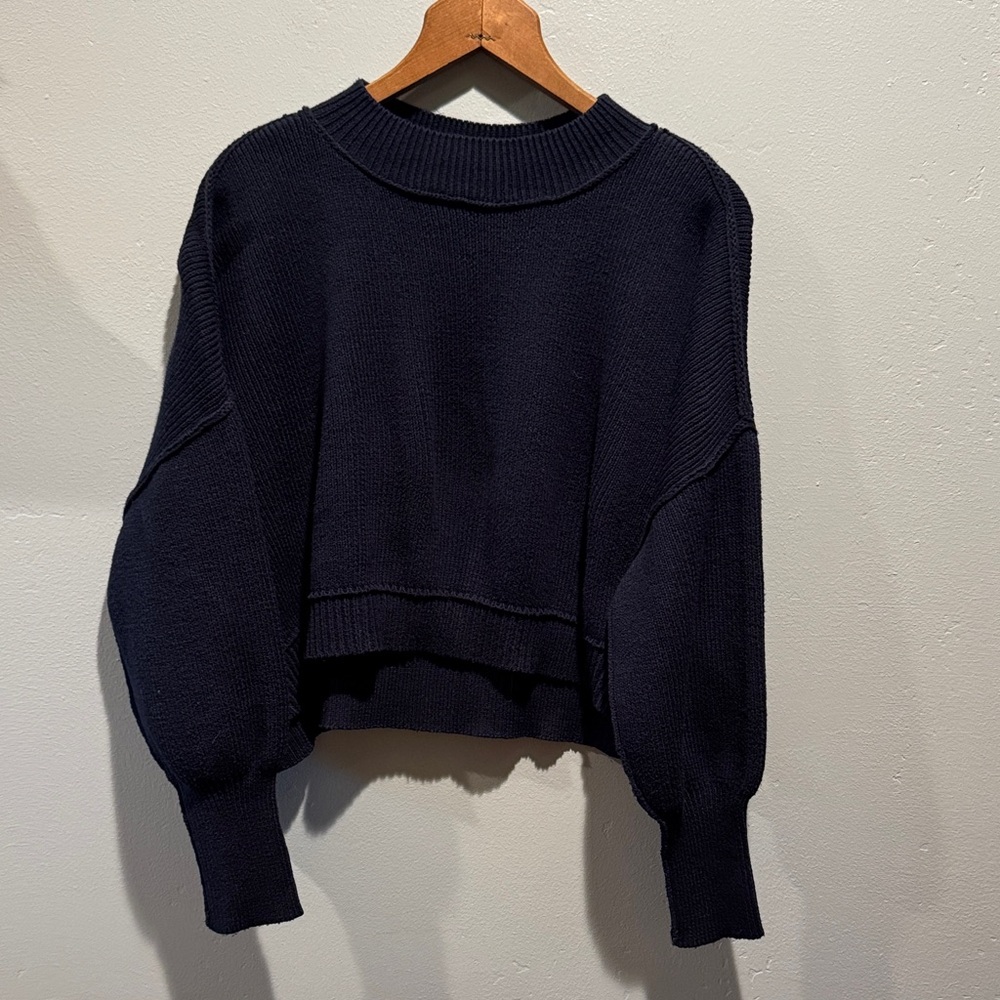 RD Style Cropped Balloon Sleeve Knit Sweater Crochet Hem Women's Black Top